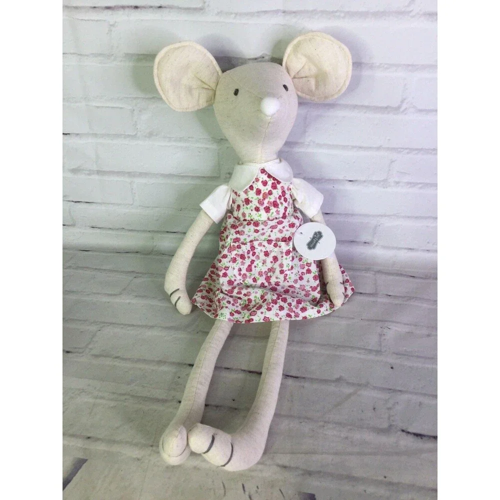 Mud Pie Whimsical Mouse Girl Plush Stuffed Animal Doll With Pink Floral Dress